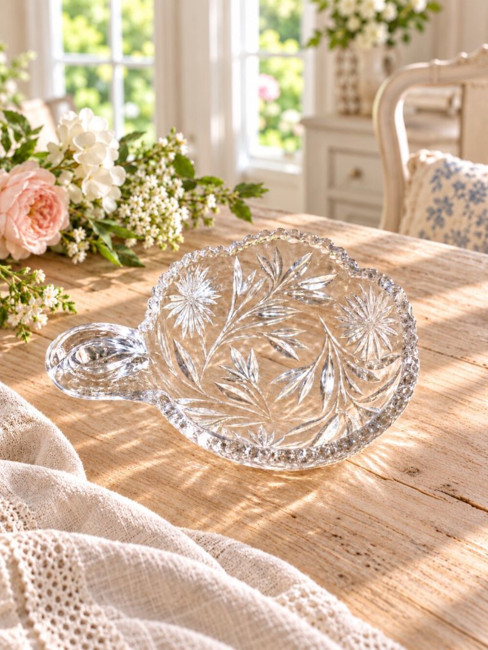 Antique Pairpoint ABP Cut Glass Nappy Bowl 6" Daisy Floral Single Handle French